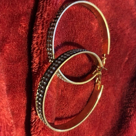 Vintage 18  carat Seoul Stones gold tone large bling hoops earrings - Picture 7 of 15